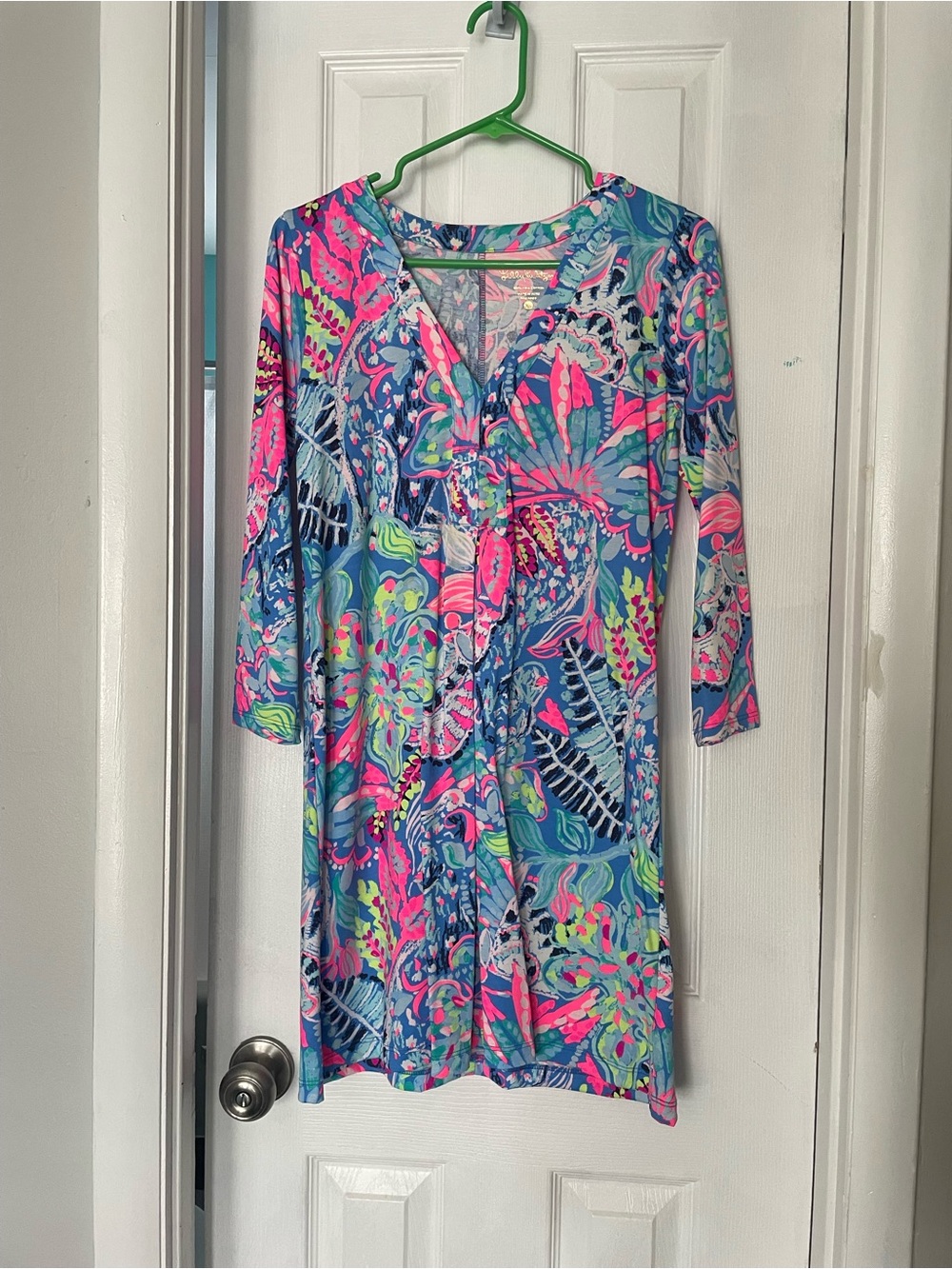 Lilly Pulitzer XS Blue Pink Floral Pima Cotton 3/4 Sleeve Dress
